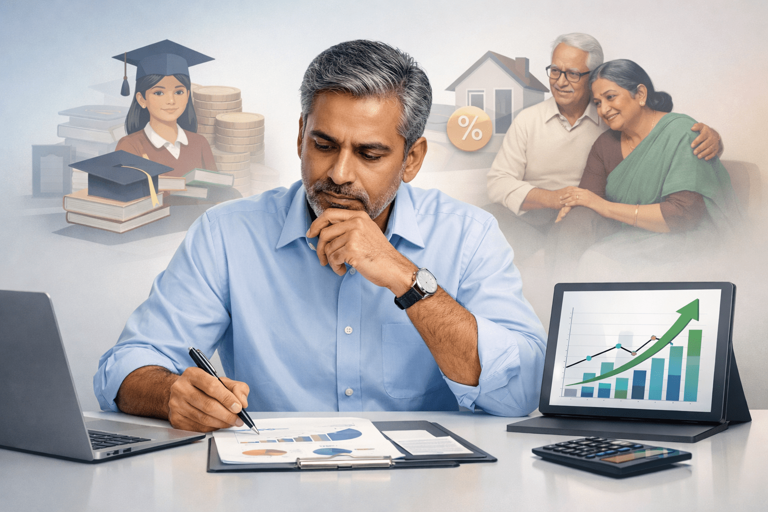 A person in his 40s thinking of his family and there needs and stressing out on his retirement